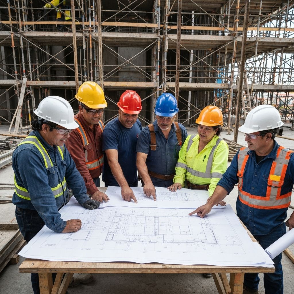 Construction team reviewing blueprints